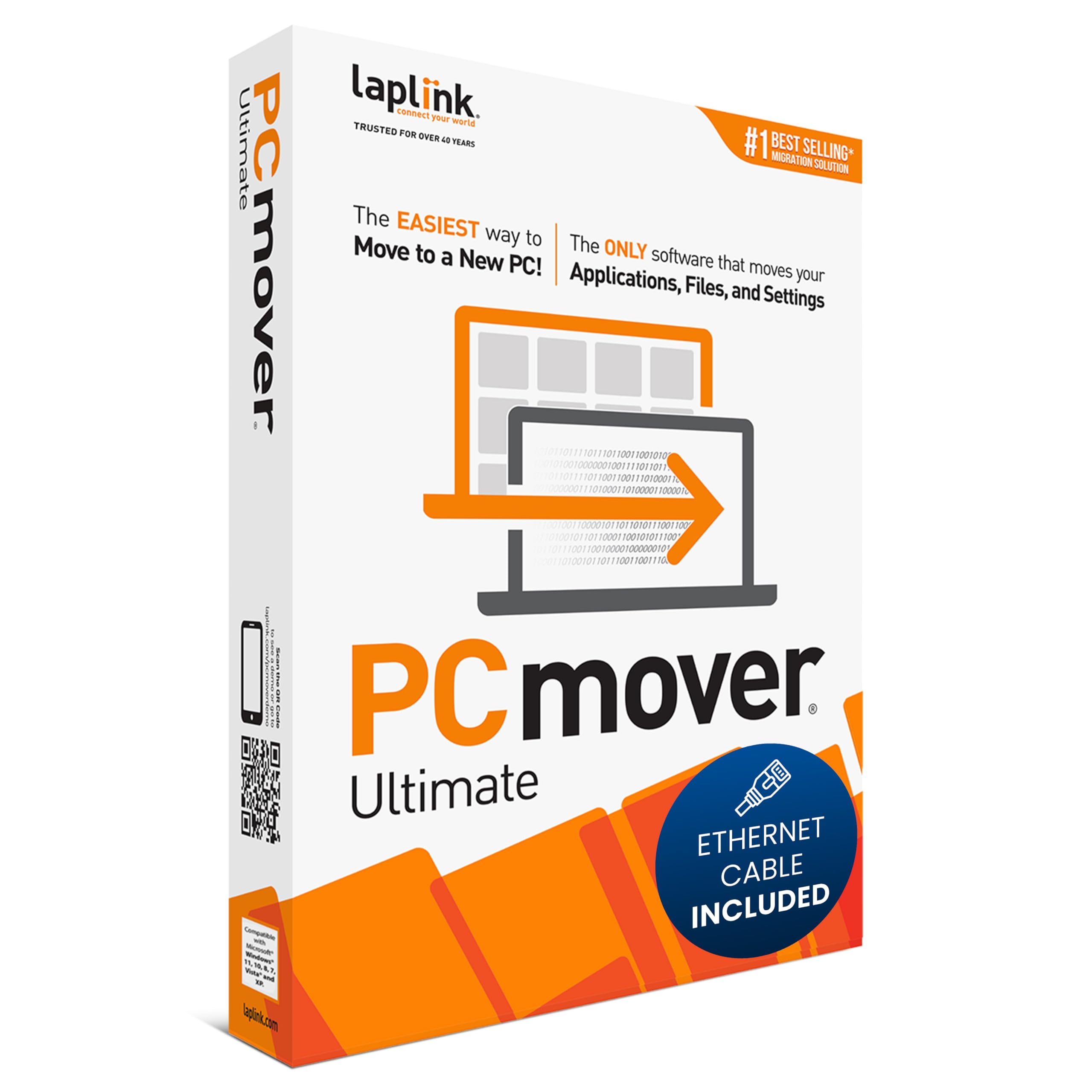 Laplink PCmover Ultimate 11 - Migration of your Applications, Files and Settings from an Old PC to a New PC - Data Transfer Software - With Optional High Speed Ethernet Cable - 1 License