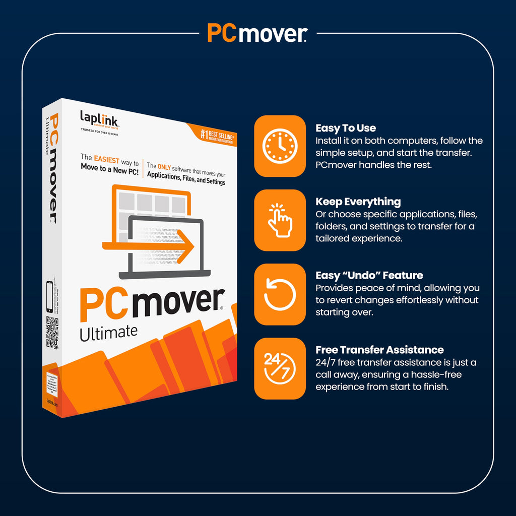 Laplink PCmover Ultimate 11 - Migration of your Applications, Files and Settings from an Old PC to a New PC - Data Transfer Software - With Optional High Speed Ethernet Cable - 1 License