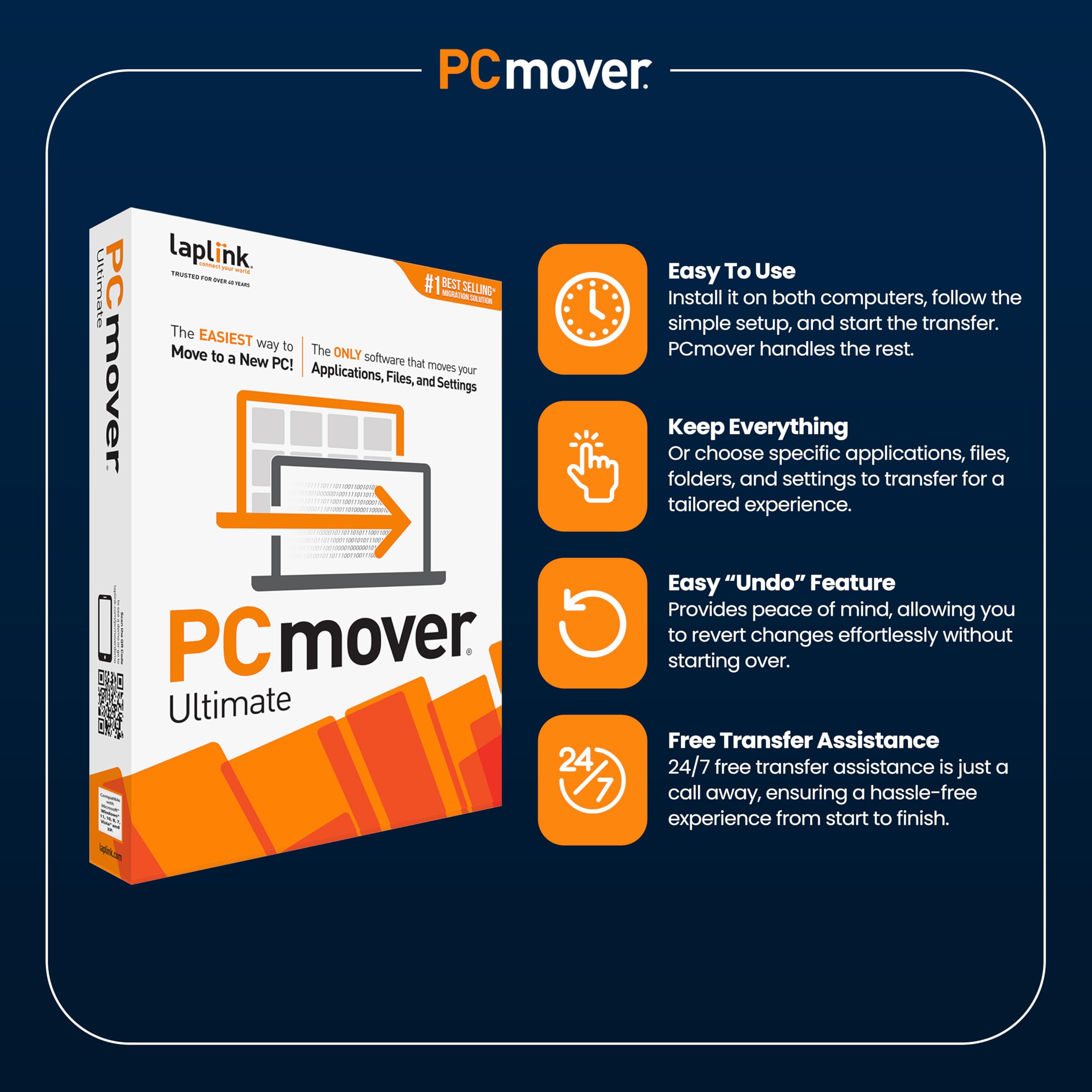 Laplink PCmover Ultimate 11 - Migration of your Applications, Files and Settings from an Old PC to a New PC - Data Transfer Software - With Optional High Speed Ethernet Cable - 1 License