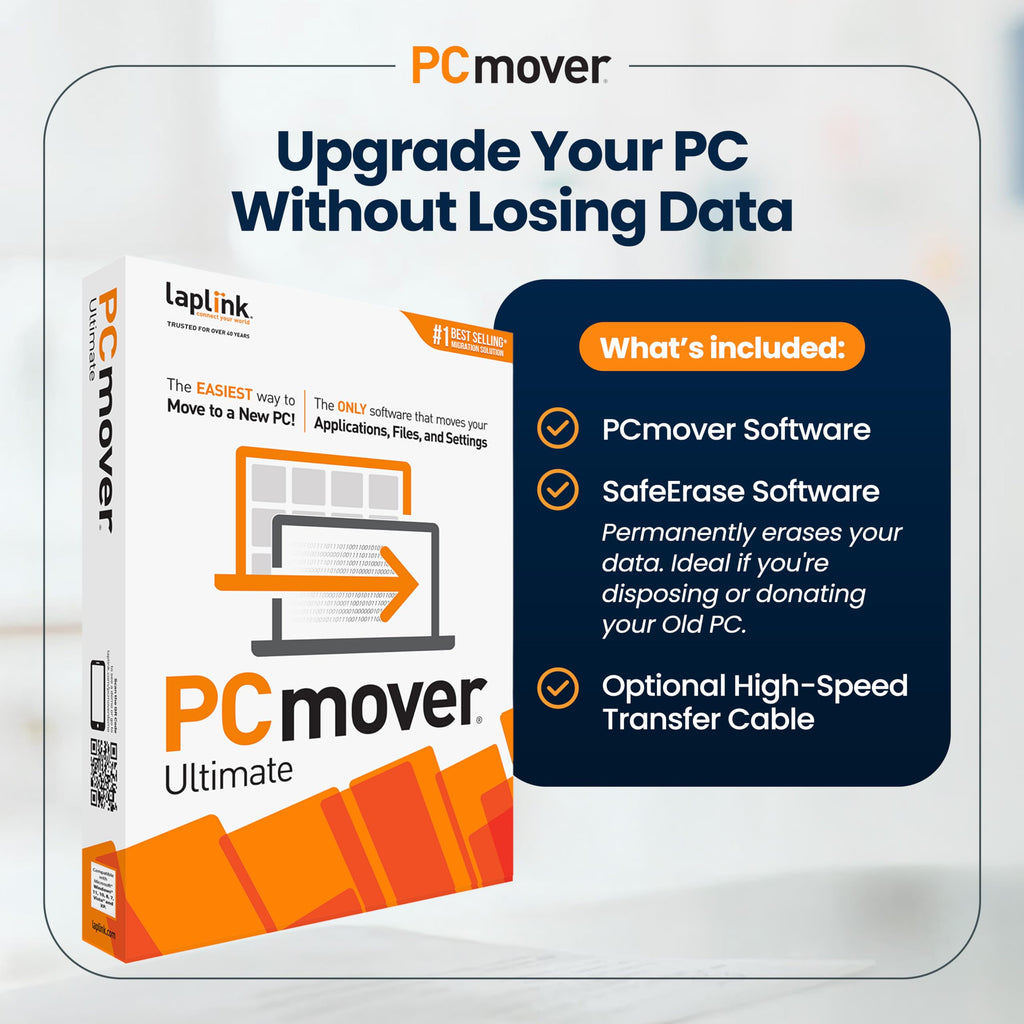 Laplink PCmover Ultimate 11 - Migration of your Applications, Files and Settings from an Old PC to a New PC - Data Transfer Software - With Optional High Speed Ethernet Cable - 1 License