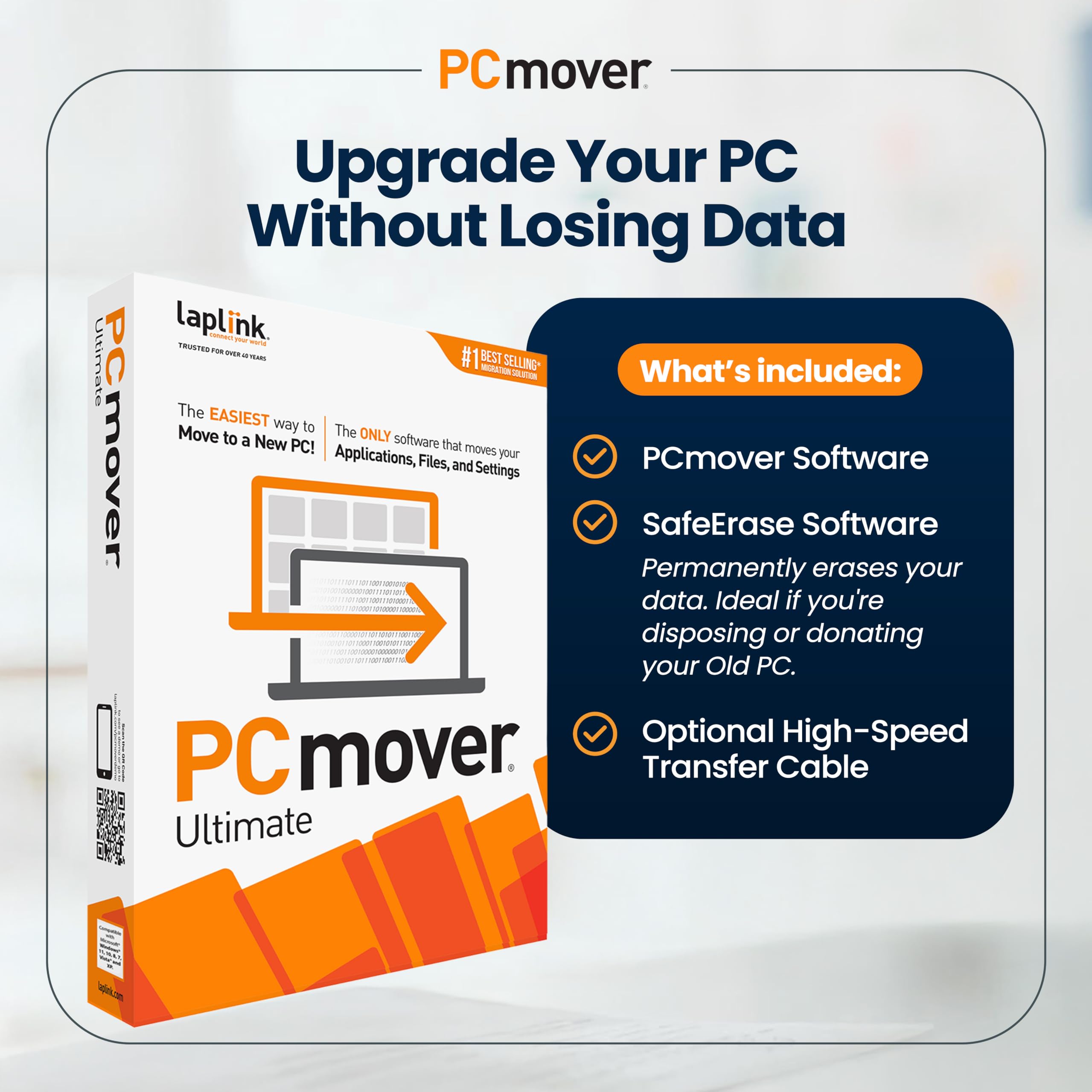 Laplink PCmover Ultimate 11 - Migration of your Applications, Files and Settings from an Old PC to a New PC - Data Transfer Software - With Optional High Speed Ethernet Cable - 1 License