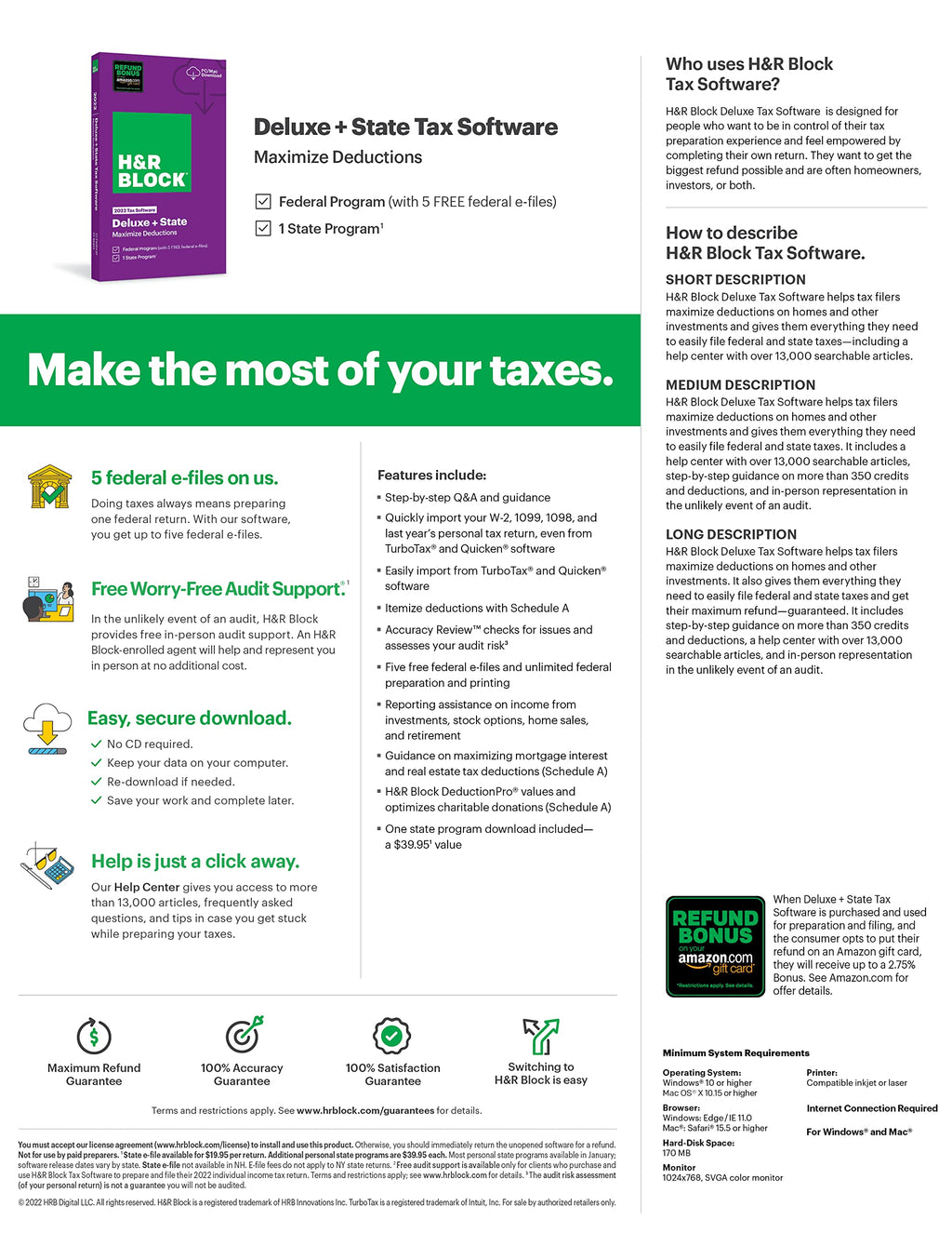 H&R Block Tax Software Deluxe + State 2022 [PC Download]
